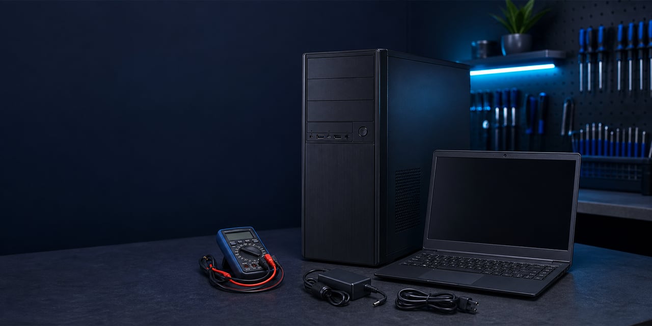 PC y notebook preparados para un diagnóstico de falla de encendido