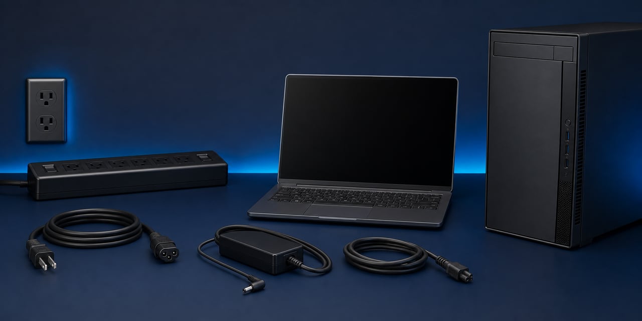 Cables, cargador, zapatilla, PC y notebook para comprobaciones externas seguras