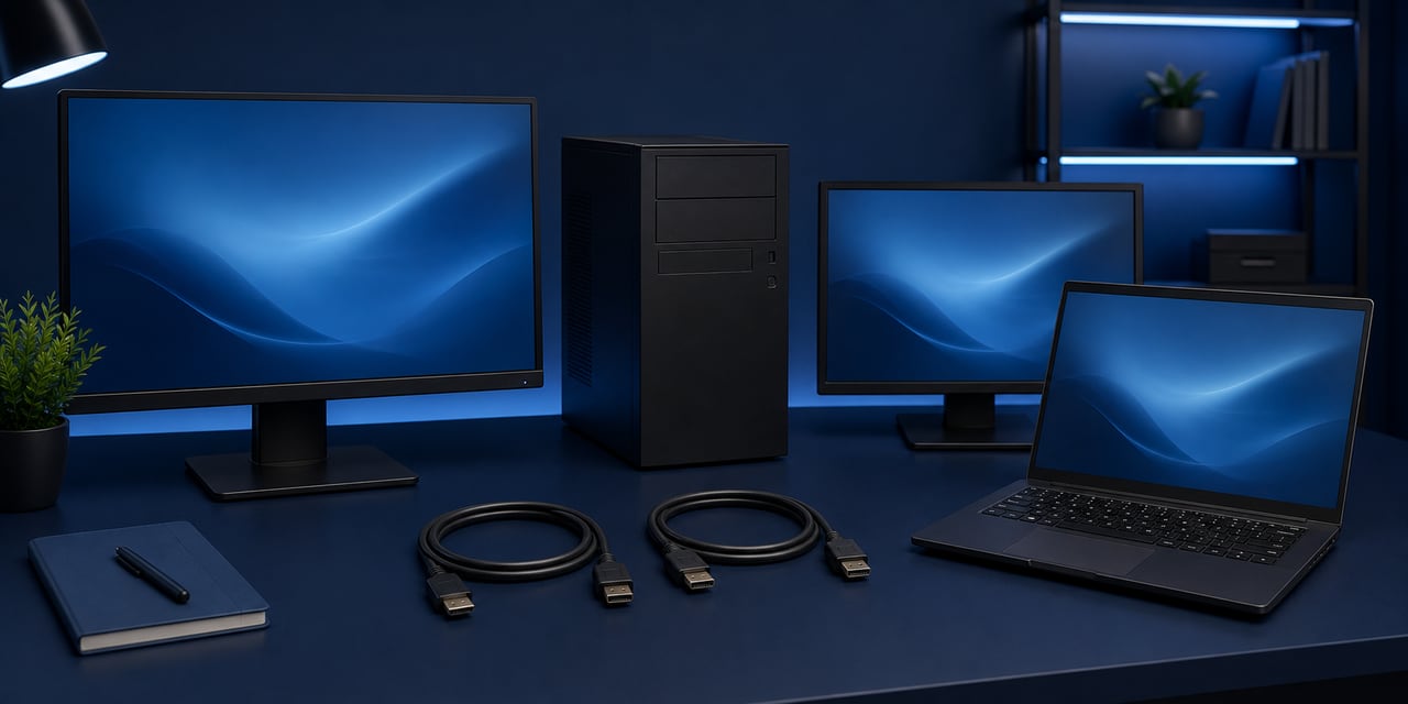 PC, notebook, monitores y cables para comprobaciones externas