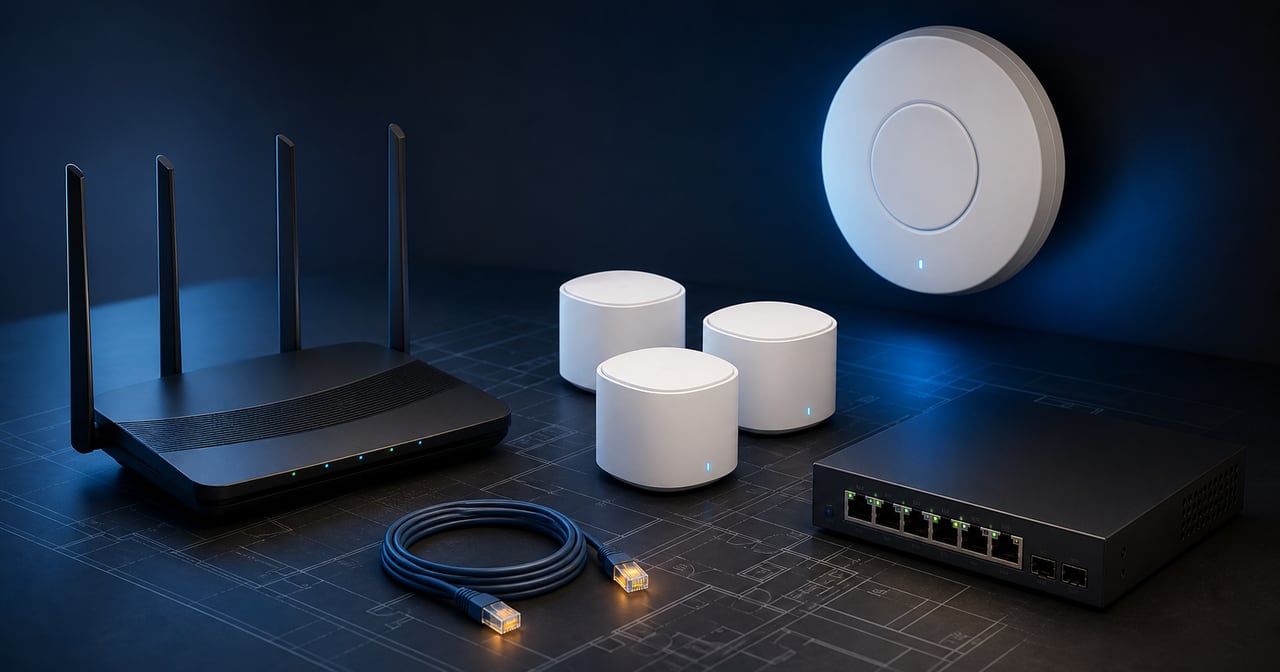 Ejemplo conceptual de una red WiFi distribuida en una vivienda de dos plantas