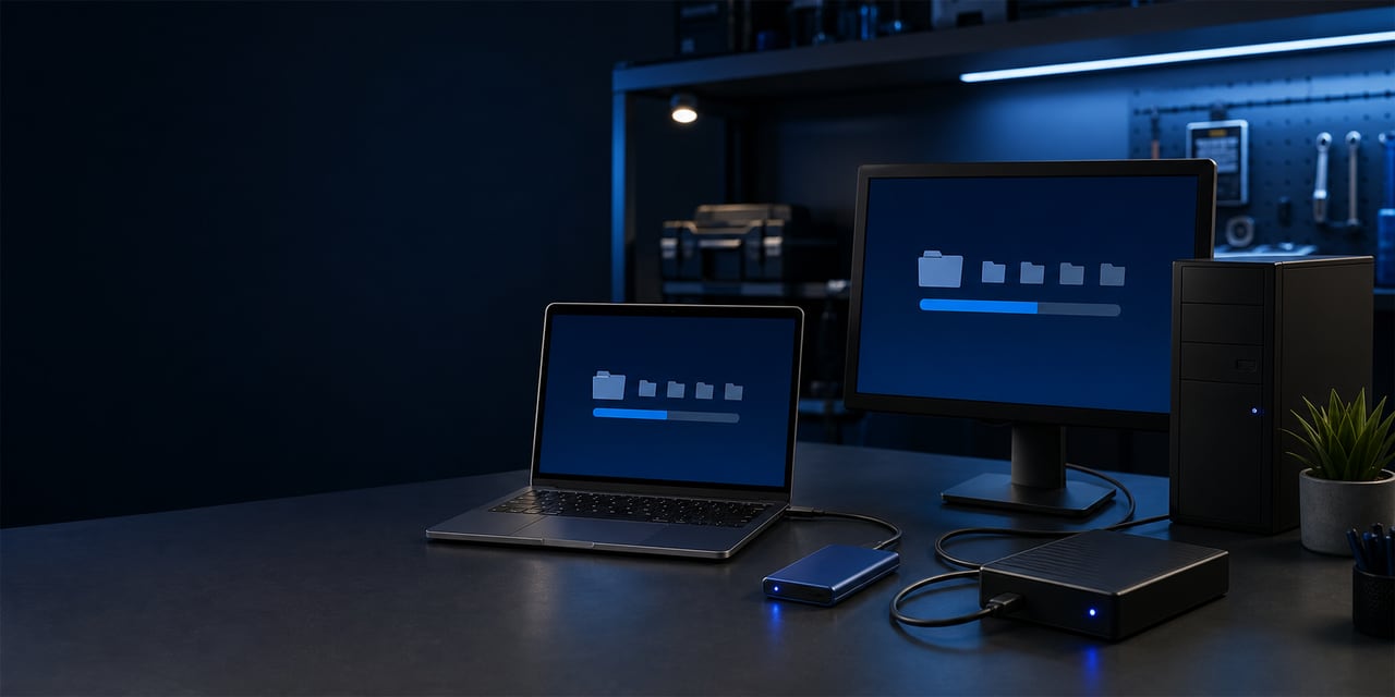 PC, notebook y unidades externas durante un proceso de respaldo