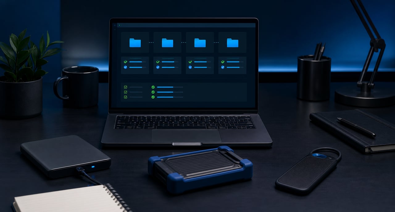 Notebook y unidades externas durante una copia y comprobación técnica