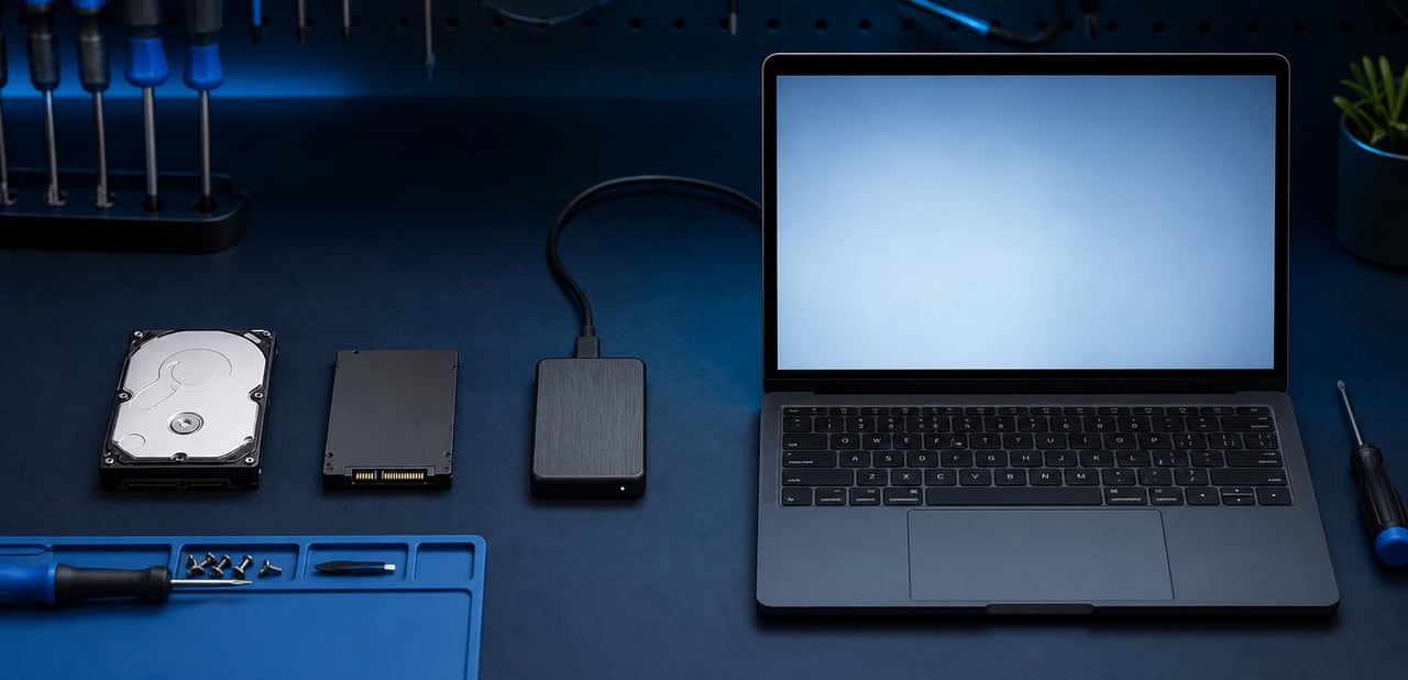 Disco anterior, SSD nuevo, unidad de respaldo y notebook preparados para una migración limpia